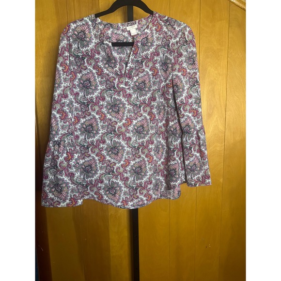 J. Crew Tops - J.Crew Womens Pink Paisley Bell Sleeve Split Neck Blouse Top Large